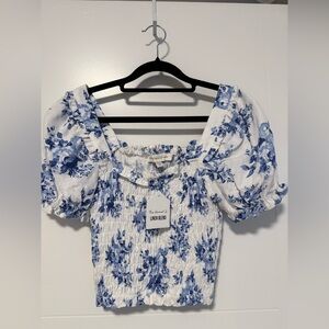 Chic Blue Floral Linen Blend Blouse